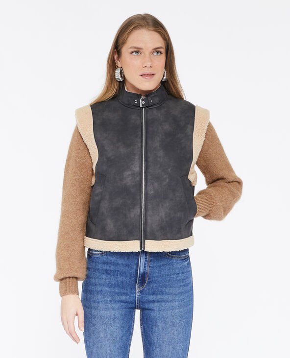 Blouson sans manches effet cuir et sherpa marron - Pimkie