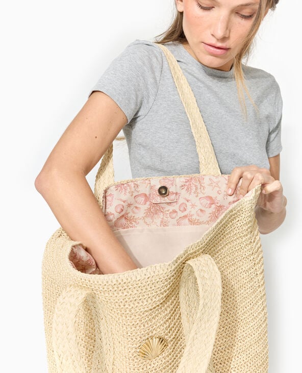 Grand sac cabas en raphia avec boucle coquillage beige - Pimkie
