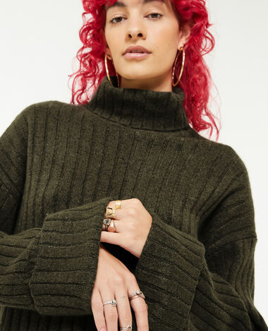 Pull court col roulé en maille côtes plates vert kaki - Pimkie