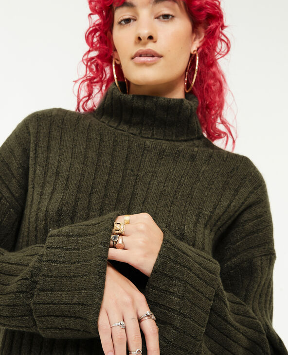 Pull court col roulé en maille côtes plates vert kaki - Pimkie