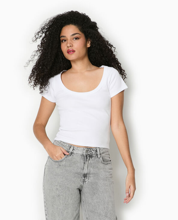 T-shirt maille côtelée grande encolure blanc - Pimkie