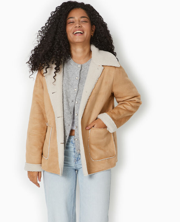 Veste droite en suédine avec doublure sherpa beige - Pimkie