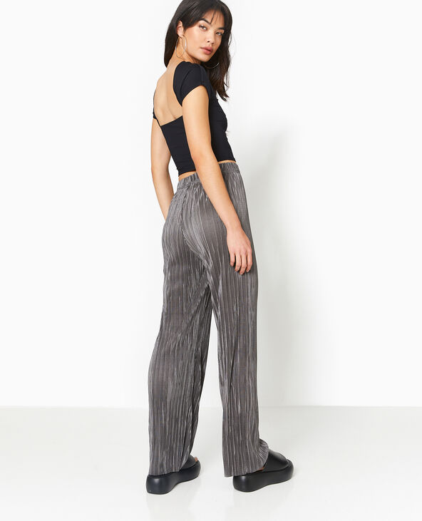 Pantalon large en tissu plissé et satiné gris foncé - Pimkie