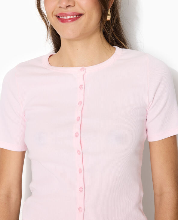 T-shirt boutonné en maille côtelée rose clair - Pimkie