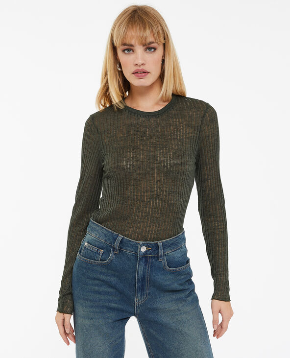Top manches longues maille côtelée transparente vert kaki - Pimkie