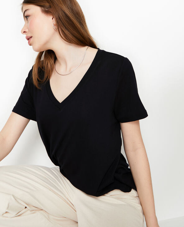 T-shirt ample col V avec viscose noir - Pimkie