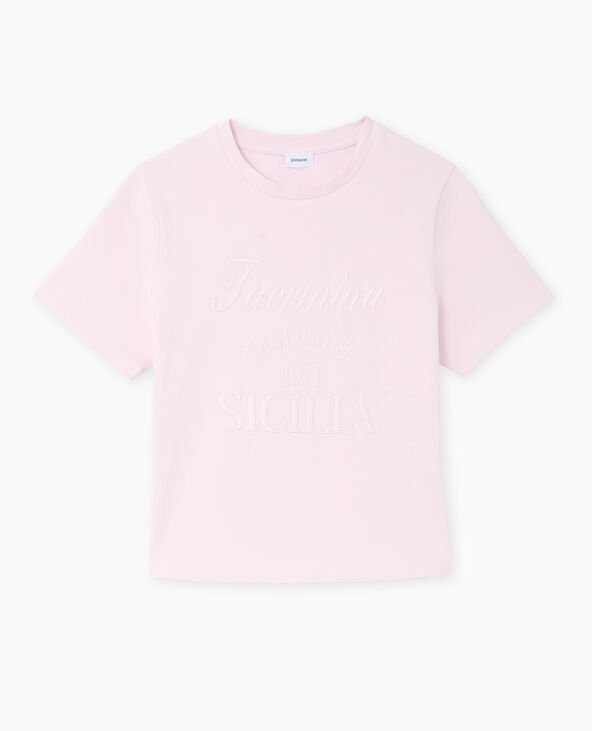 T-shirt court avec broderie ton sur ton rose clair - Pimkie