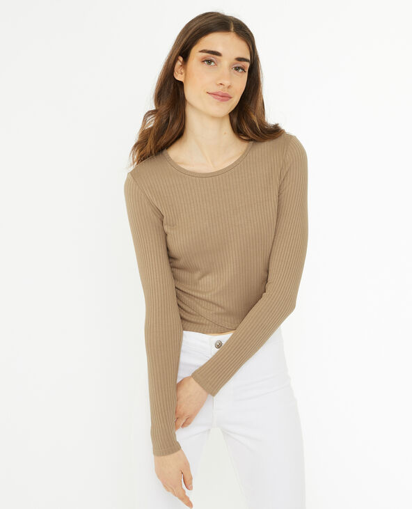Top en maille côtelée effet croisé devant beige - Pimkie