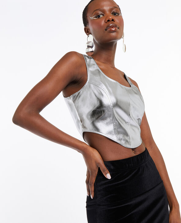 Top court façon corset en simili argenté gris clair - Pimkie