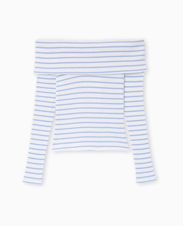 Top en maille côtelée encolure Bardot rayé bleu - Pimkie