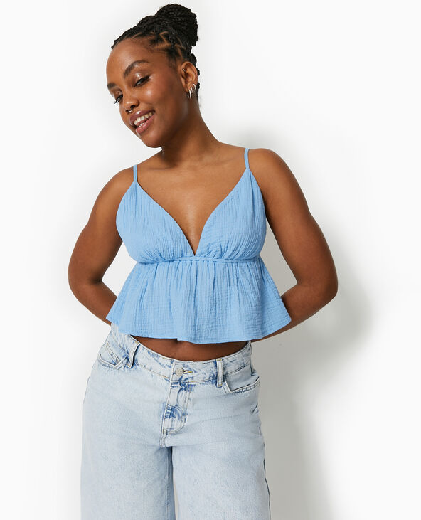 Top court à bretelles en gaze de coton bleu - Pimkie
