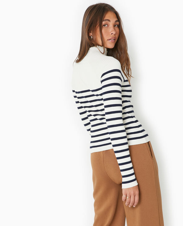 Pull fin rayé en maille côtelée col montant écru - Pimkie