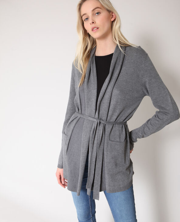 Gilet long à ceinture gris chiné - Pimkie