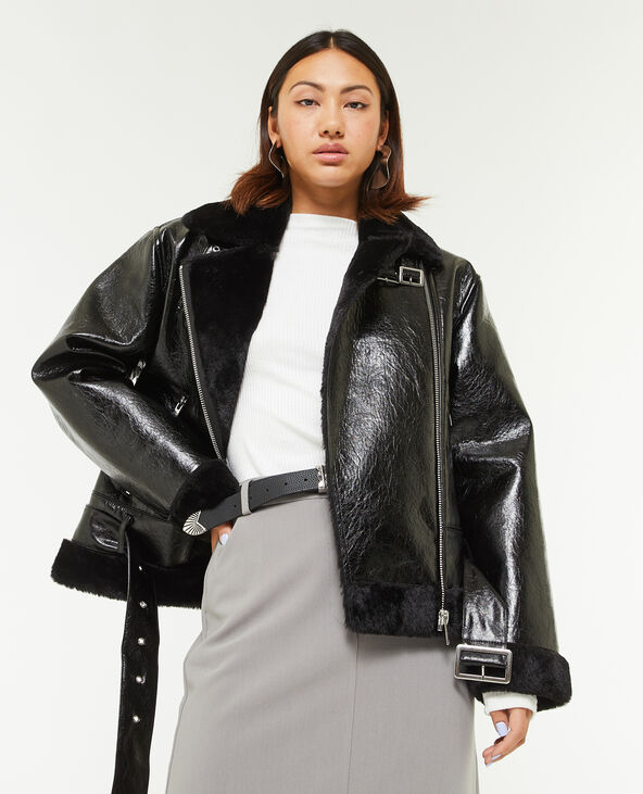 Veste simili top cuir et fourrure