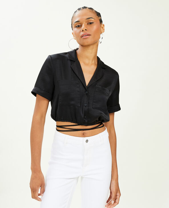 Chemise cropped en satin noir - Pimkie