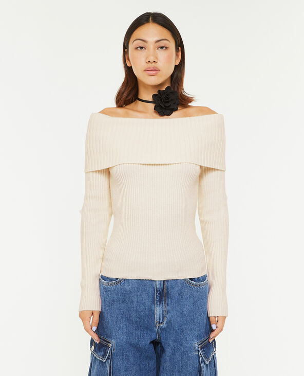 Pull encolure Bardot en maille côtelée écru - Pimkie