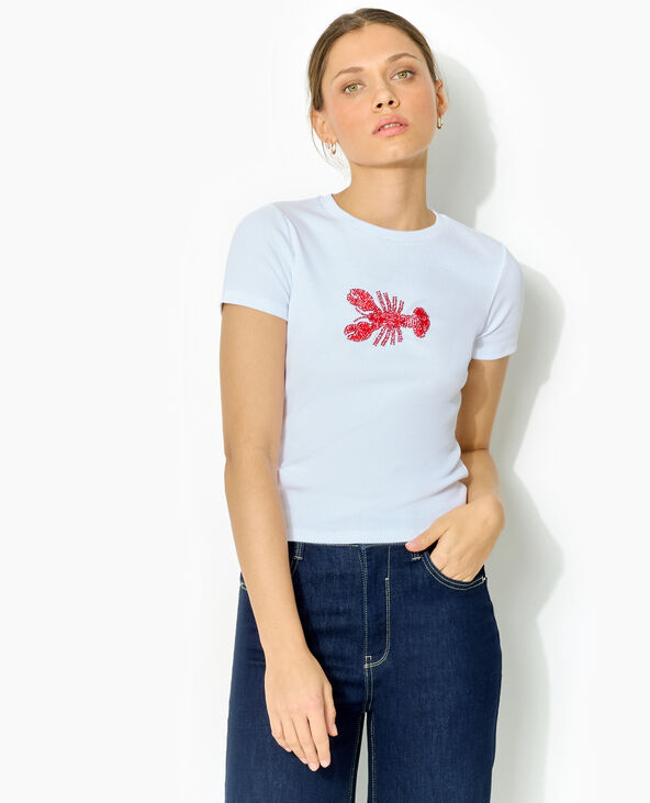 T-shirt ajusté en maille côtelée avec homard blanc - Pimkie