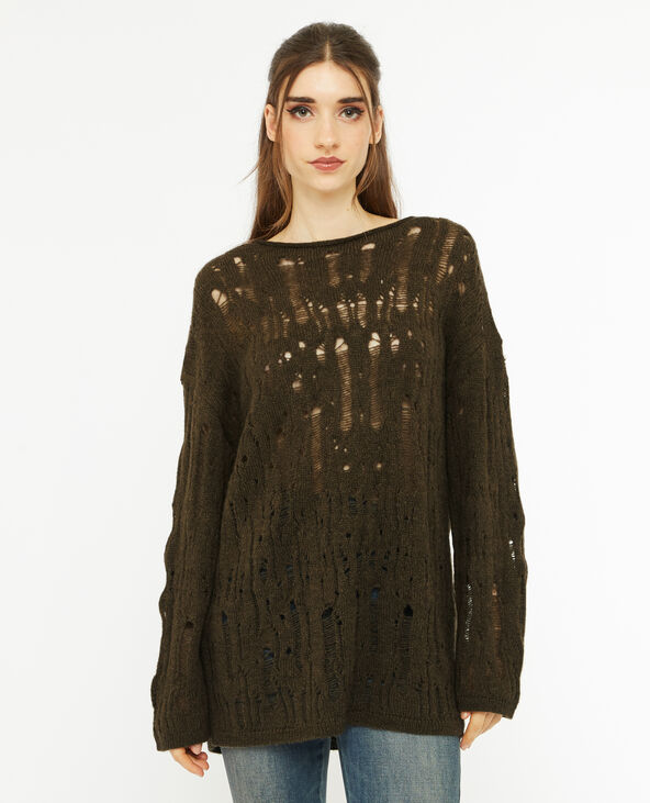 Pull oversize en maille ajourée effet destroy vert kaki - Pimkie