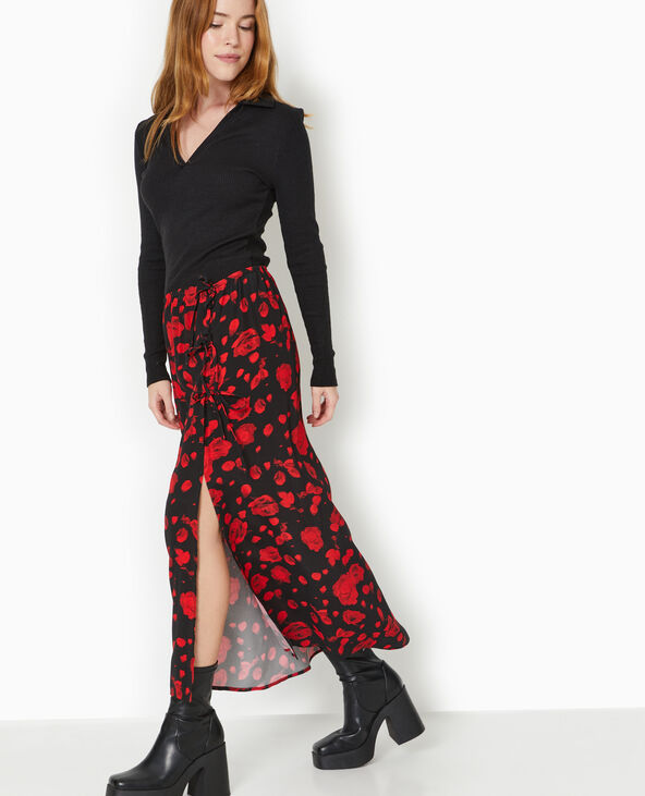 Jupe longue avec nouettes motif roses noir - Pimkie