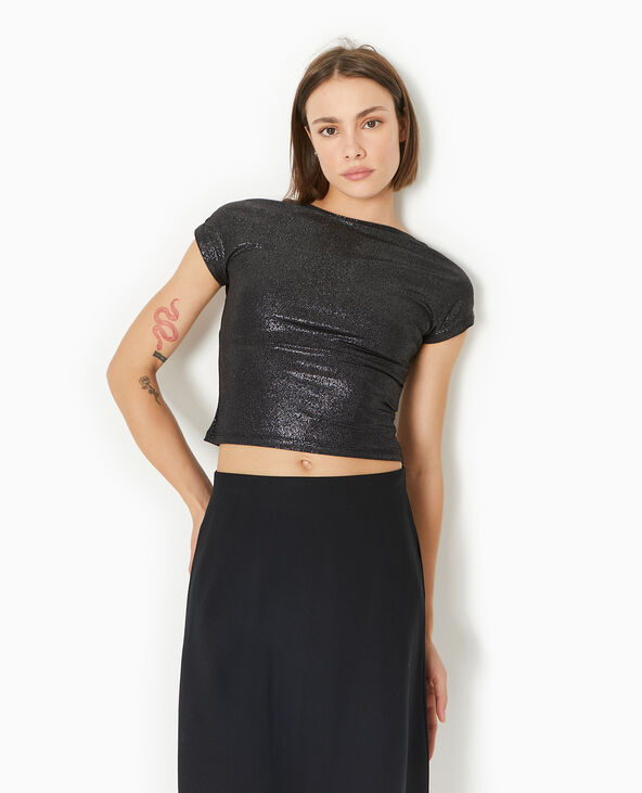 Top court en maille brillante avec dos ouvert noir - Pimkie