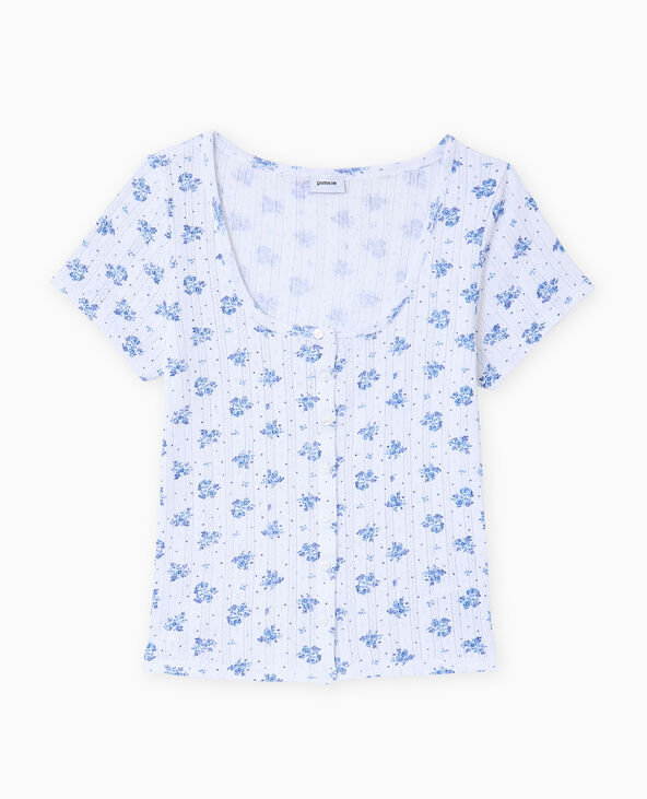 T-shirt boutonné en maille pointelle motif fleurs blanc - Pimkie