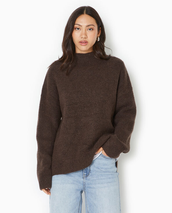 Pull col montant avec jeu de mailles marron - Pimkie