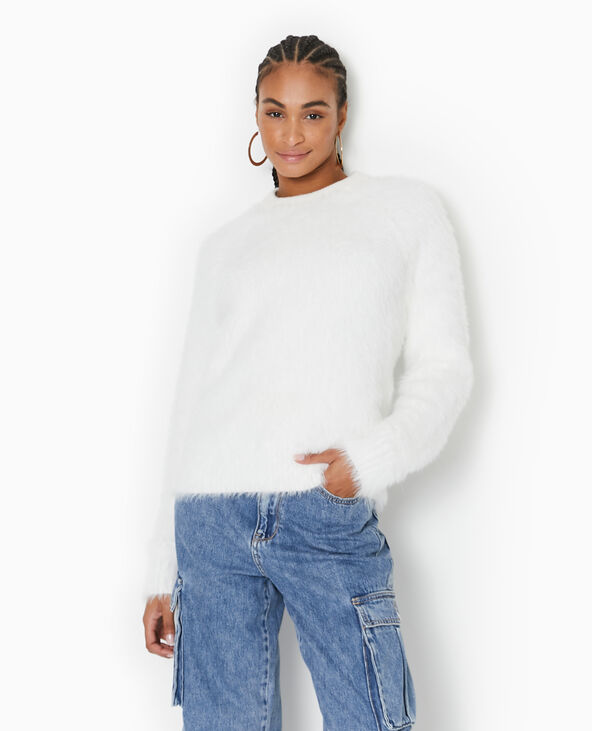 Pull col rond en maille fluffy et poilue blanc - Pimkie