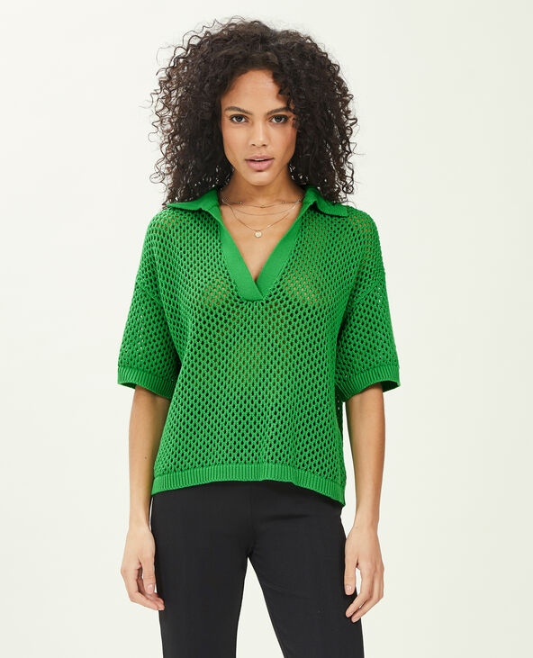 Top col polo maille ajourée vert - Pimkie