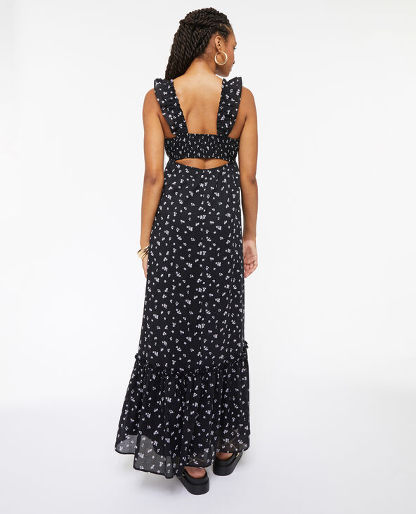 Robe longue motif fleurs avec volants noir - Pimkie