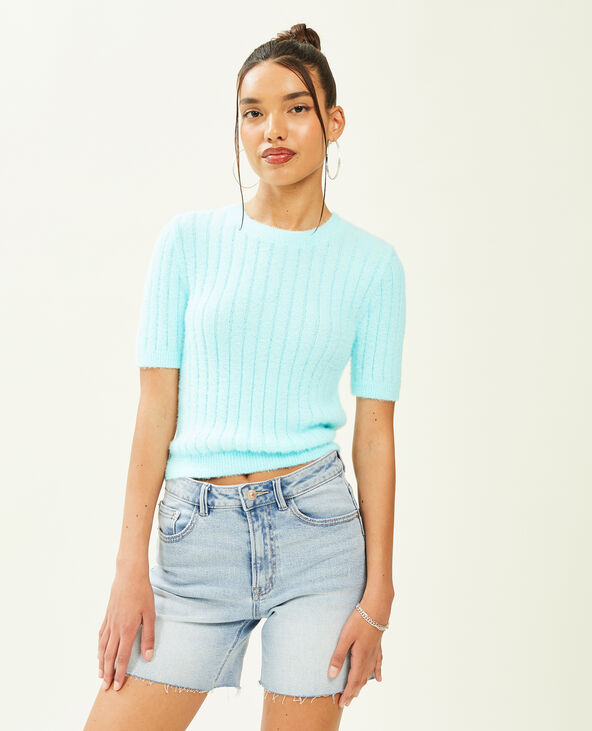 Pull duveteux à manches courtes bleu turquoise - Pimkie