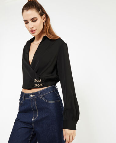 Blouse courte effet cache-cœur noir - Pimkie
