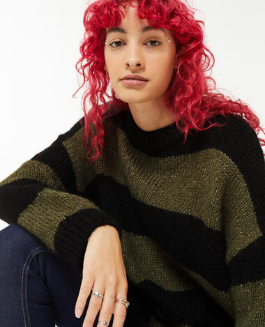 Pull oversize à rayures vert kaki - Pimkie