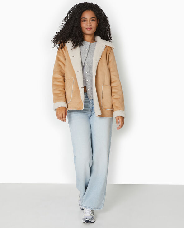 Veste droite en suédine avec doublure sherpa beige - Pimkie