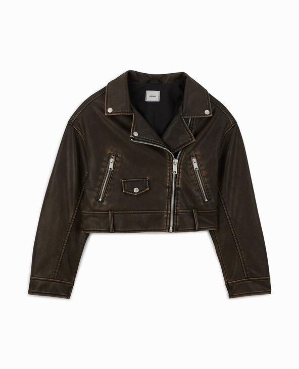 Blouson motard court en simili marron - Pimkie