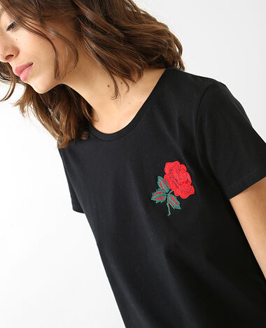 T-shirt broderie rose noir - Pimkie