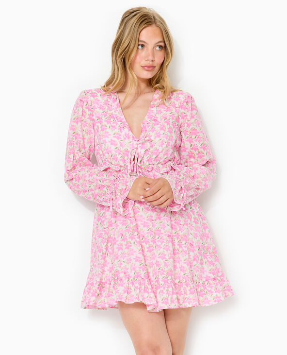 Robe courte avec volants motif fleurs rose - Pimkie