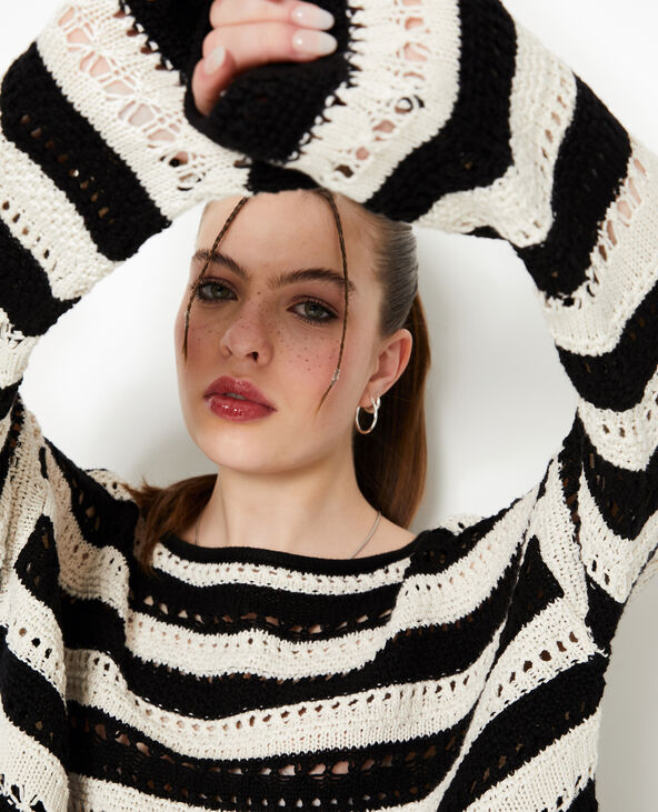 Pull rayé en maille ajourée façon crochet noir - Pimkie