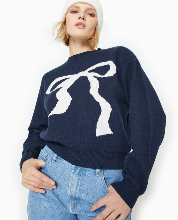 Pull en maille avec nœud devant bleu marine - Pimkie