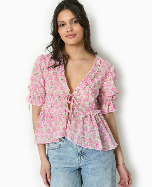 Blouse avec nouettes et volants motif fleurs rose - Pimkie