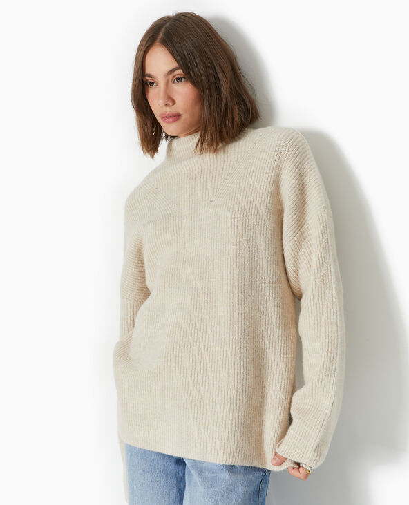 Pull col montant avec jeu de mailles beige - Pimkie
