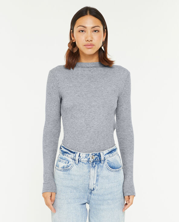 Pull fin en maille côtelée col cheminée gris - Pimkie