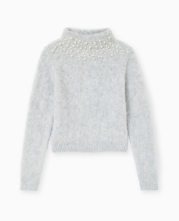 Pull en maille poilue avec perles cousues gris chiné - Pimkie