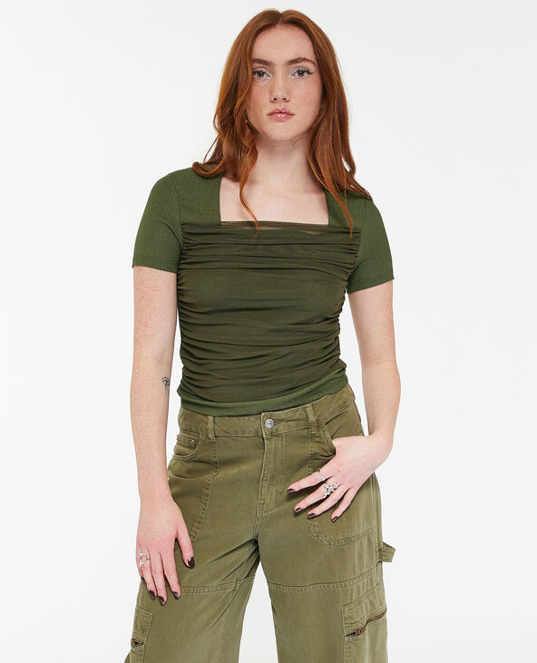T-shirt col carré avec tulle drapé devant vert kaki - Pimkie