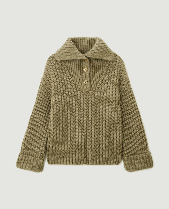 Pull chaud col camionneur boutonné vert kaki - Pimkie
