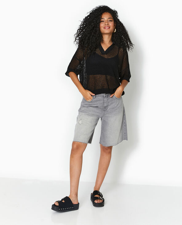 Pull polo manches courtes en maille ajourée noir - Pimkie