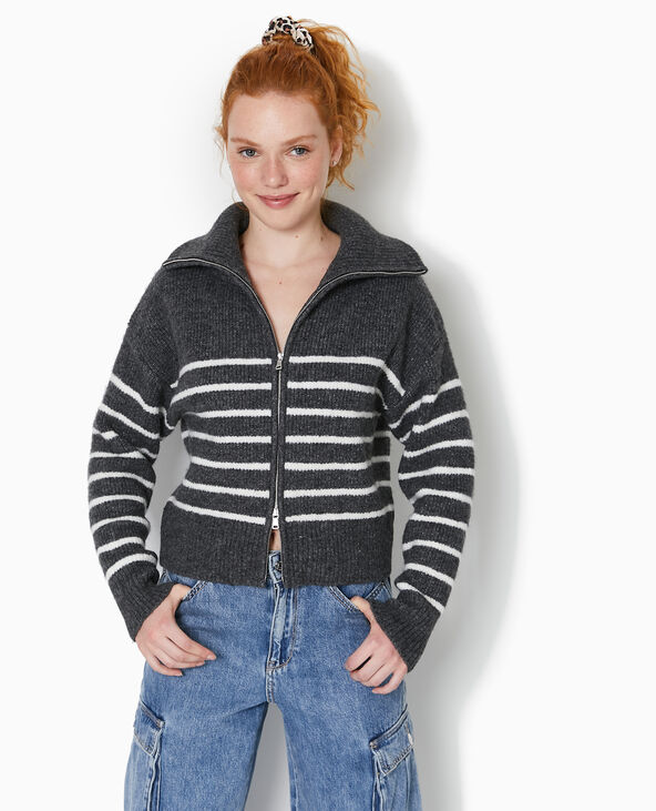 Gilet zippé rayé avec grand col maille côtelée gris foncé - Pimkie