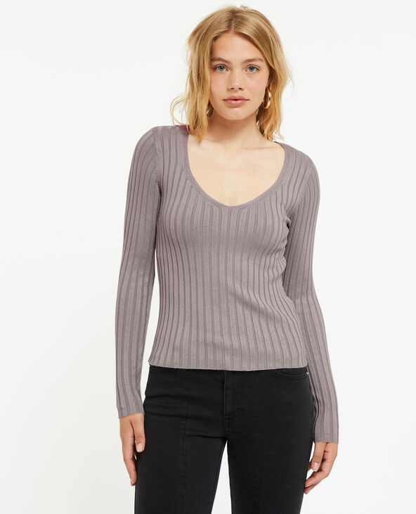 Pull col V en maille côtes plates gris - Pimkie