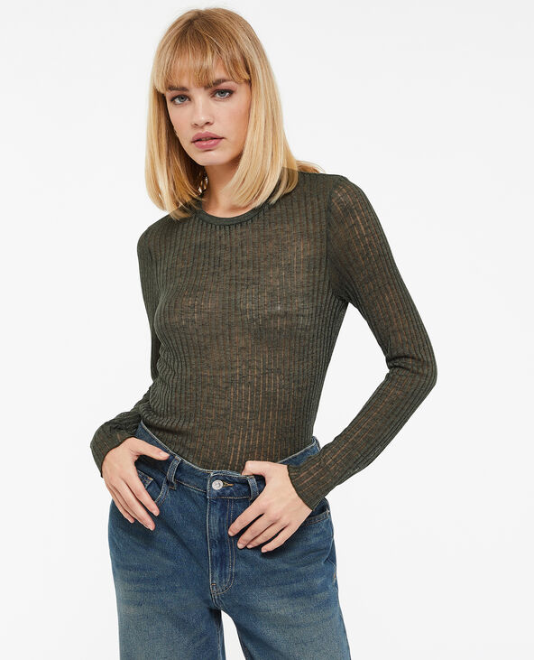 Top manches longues maille côtelée transparente vert kaki - Pimkie