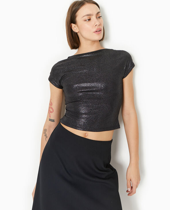 Top court en maille brillante avec dos ouvert noir - Pimkie