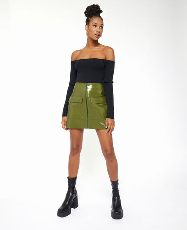Jupe courte zippée en vinyle vert olive - Pimkie